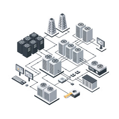 Obraz premium Isometric Data Center Illustration - Servers, Cooling, and Network.