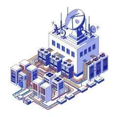 Naklejka premium Isometric Data Center Illustration with Servers and Satellite Dish.
