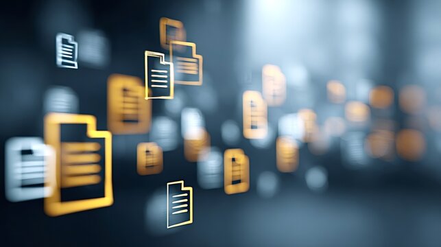 Digital documents with glowing icons stream across a blue gray background, illustrating secure cloud storage, data transfer, document management and networked information flow
