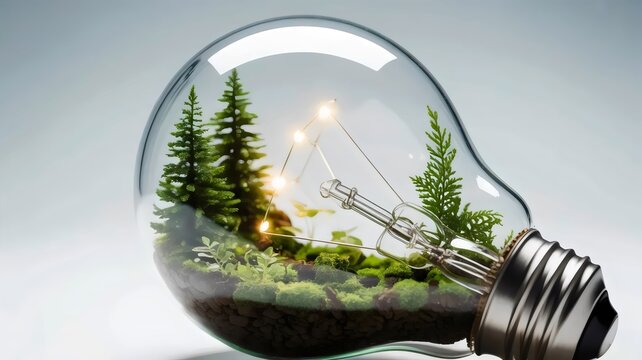 Miniature evergreen forest growing in lightbulb &ndash; Suitable for sustainable innovation, ecology, or creative thinking themes.