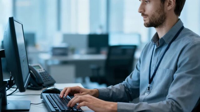 Medium shot of technician adjusting cloud PBX autoattendant settings on a computer with blurred office background for clear feature emphasis.