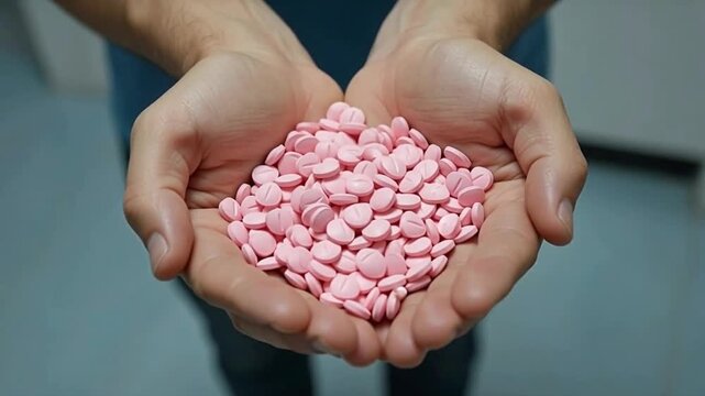 Close-up of cupped hands holding a large pile of pink fentanyl pills, healthcare and pharmaceutical management concept