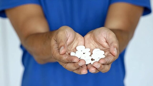 Close-up of hands in a blue shirt holding white fentanyl pills, conceptualizing the Fentanyl crisis and medical safety management.