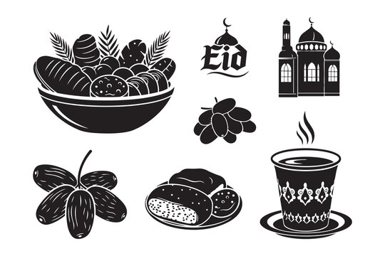 Eid Mubarak festive Ramadan food and drink illustrations with dates and mosque