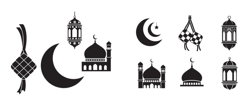 Islamic ramadan eid al fitr mosque lantern crescent moon star icons set