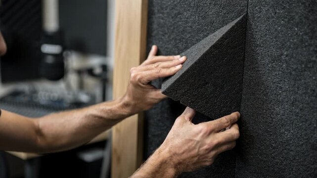 Medium shot of a worker carefully attaching acoustic foam tiles to a radio studio wall focused on the hands while the background remains blurred.