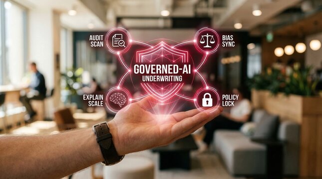 Hand presenting governed AI underwriting concept with icons and text