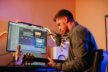Musician composing music at home studio playing guitar © dsheremeta