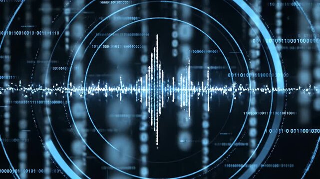 Digital data visualization features concentric rings, binary code streams, & waveform representation