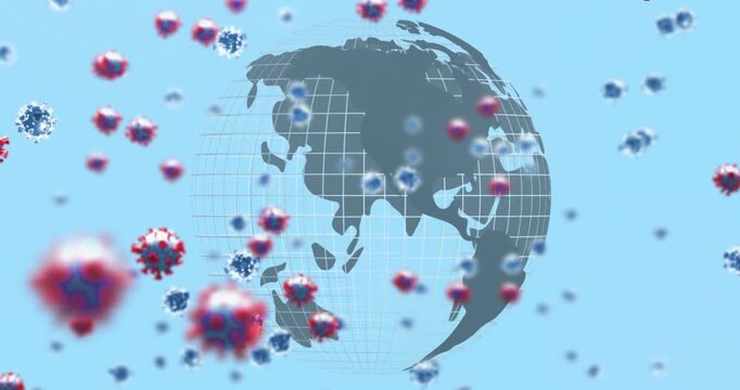 Animation of covid cells floating over world map in background
