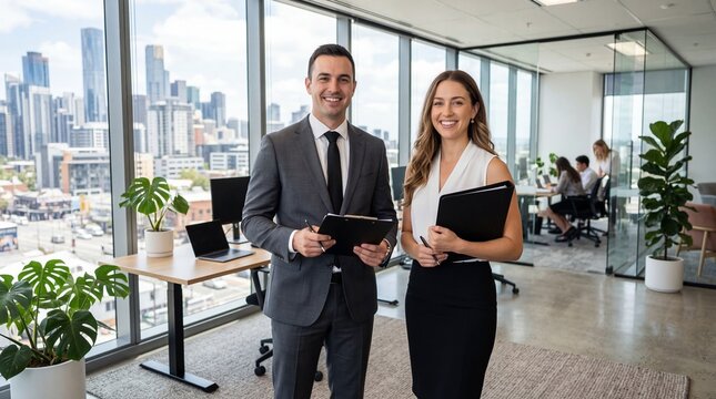 Confident Business Duo Skyline Office View with Success  Teamwork.