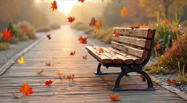 Autumn bench on a wooden path with falling leaves.