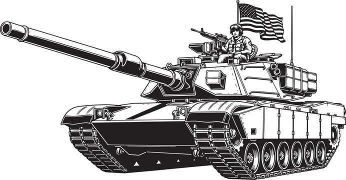 Modern Military Tank with Soldier and Flag &ndash; Bold Black Vector Illustration
