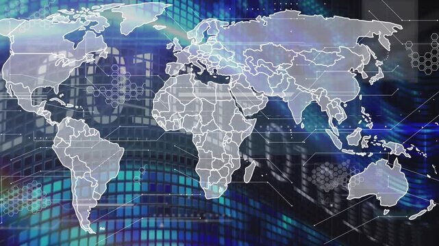 Animation of world map over binary code on display