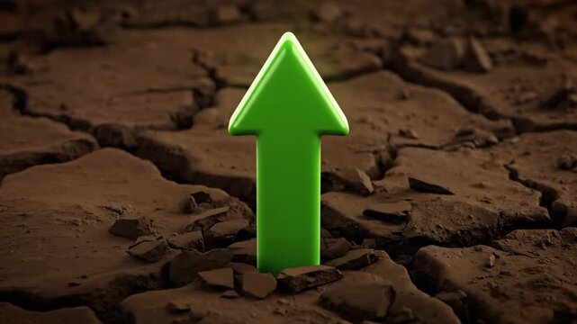 Green arrow on dry cracked earth.