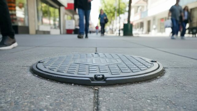 Medium shot of a telecom handhole installed on a concrete sidewalk with main focus on the securely covered access point and blurred pedestrian path in background