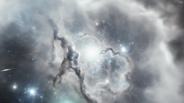 A celestial nebula bursts forth with light, surrounded by a starry sky