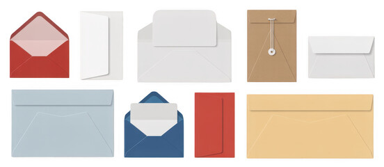 Colorful assorted envelopes white isolated on a transparent background