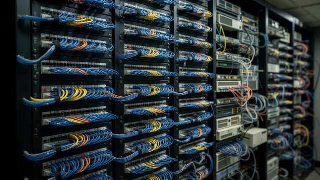 Shot emphasizing patch panels with neatly arranged jumpers in a carrier hotel meetme room the surrounding uneven cabling and older equipment fading into soft focus.