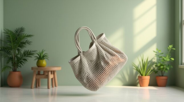 Bolsa de malla reutilizable plegada para la compra de frutas y verduras flotando en el aire