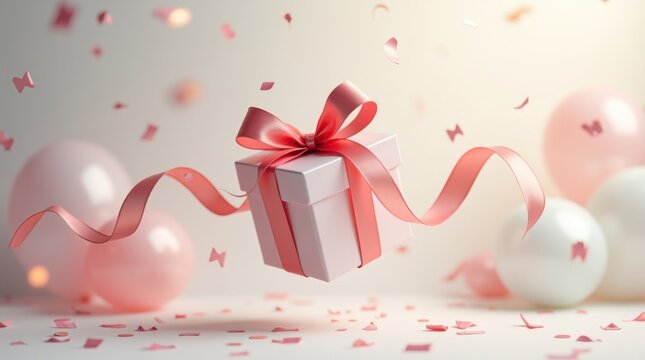 Lazo de cinta de regalo con delicados bucles y delicados pliegues flotando en el aire
