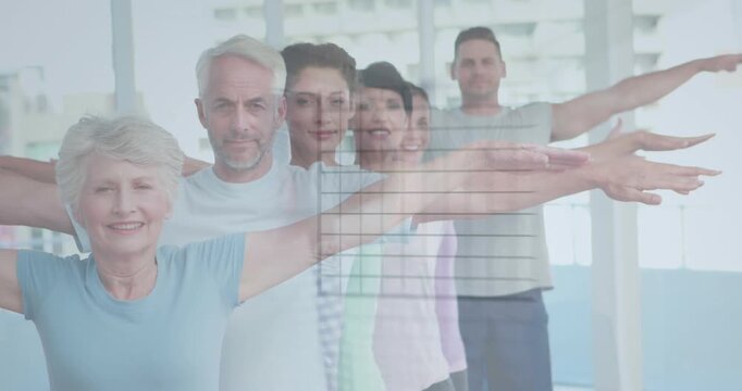 Animation of circle from numbers 9 to 39 with percentile over diverse people exercising in studio