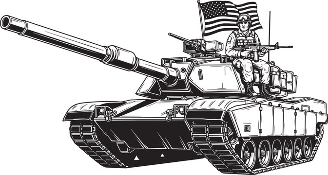 Modern Military Tank with Soldier and Flag &ndash; Bold Black Vector Illustration