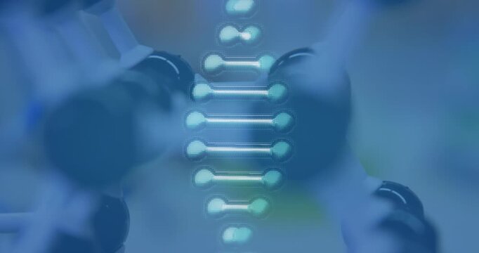Animation of dna strand spinning and 3d chemical structure in laboratory