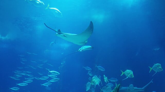 Manta Rays Swimming With School Of Fish In Blue Underwater Ocean Aquarium Scene