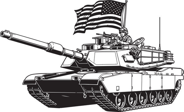 Modern Military Tank with Soldier and Flag &ndash; Bold Black Vector Illustration