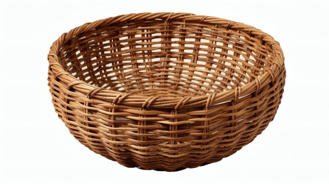 A Simple Round Woven Wicker Basket With A Light Brown Finish Shown From A Slightly Elevated Angle Against A Plain White Background
