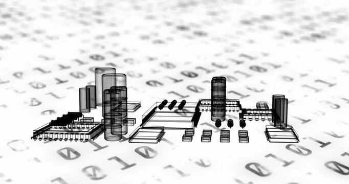 Animation of 3d model of electrical components over binary codes against white background
