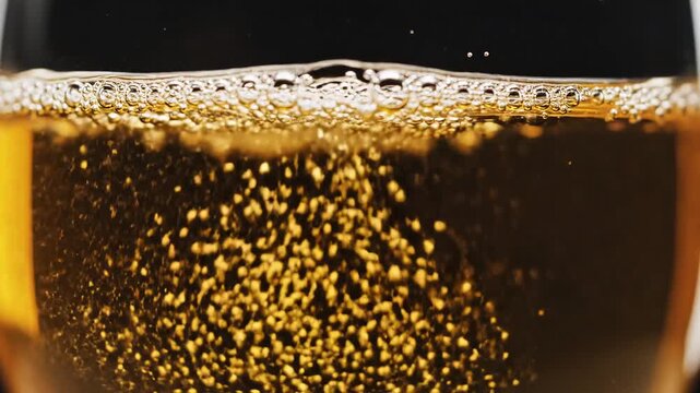 Closeup of golden beer with rising bubbles and foam.