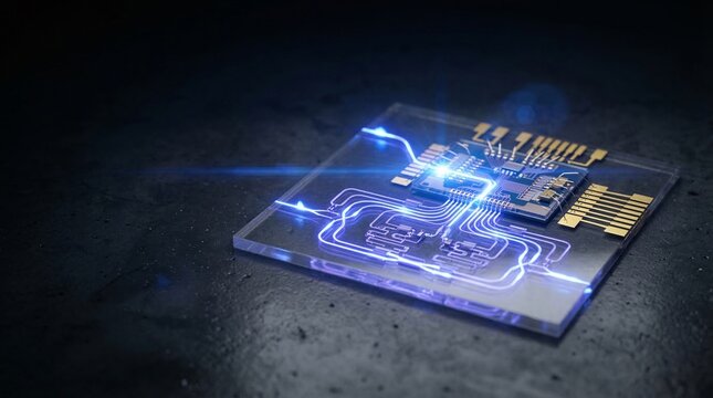 Hyper-realistic macro photograph of a glowing photonic integrated circuit transmitting blue laser light across a transparent silicon wafer.