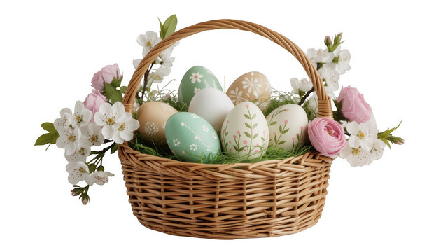 Easter eggs in wicker basket eggs in basket easter basket decorated eggs isolated on a transparent background