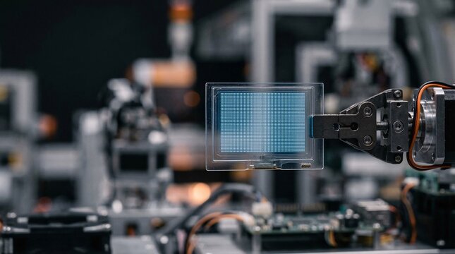 Macro photograph of a transparent OLED display panel detached from its housing showing a microscopic pixel grid emitting a faint blue glow.