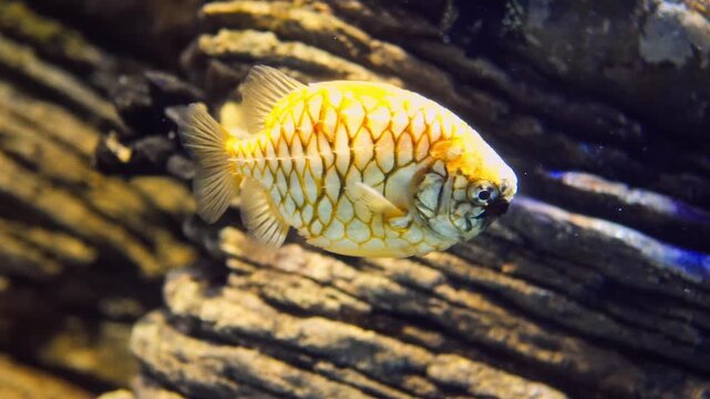 Yellow Tropical Fish Swimming Near Rocky Aquarium Wall Underwater Close-Up