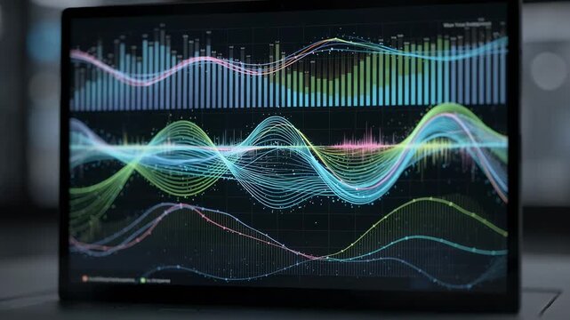 Medium shot capturing a spectrum analysis dashboard highlighting live frequency bands and signal interference patterns with the dashboard in sharp focus and the surroundings softly