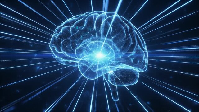 A glowing blue brain emits radiant lines in a dark space with technology elements.