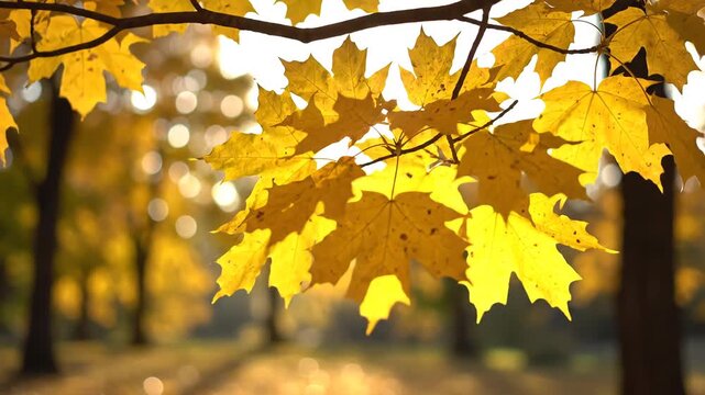 Golden Maple Leaves in Autumn Sunlight Forest Scene.