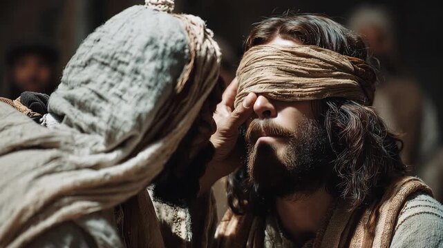 Jesus heals a blind man through divine power in a biblical setting during ancient times