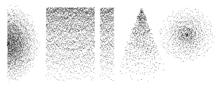 Abstract particle composition showing several geometric shapes created from thousands of small dots. Square, circle, triangle and vertical forms built with scattered particles on a light background. M