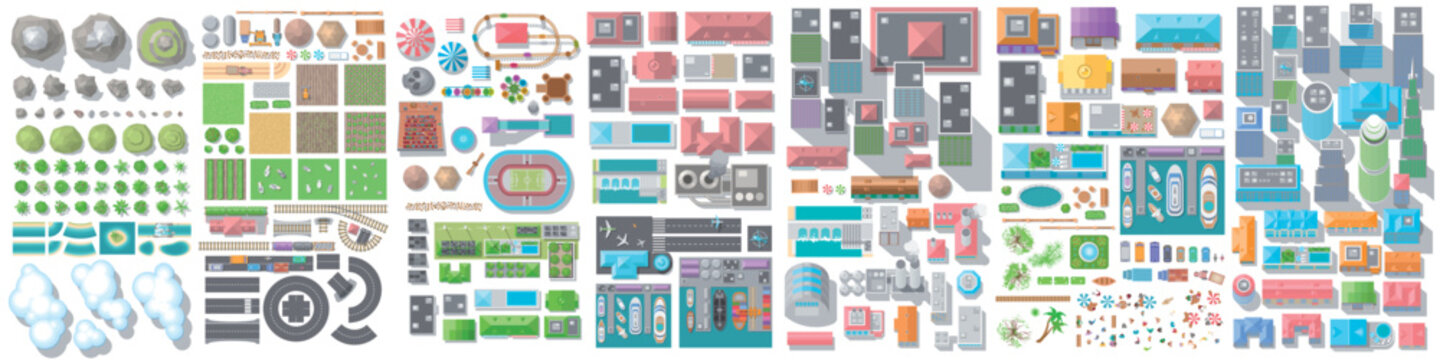 Large collection of city map elements in top view. Set includes buildings, houses, skyscrapers, roads, intersections, bridges, railways, parks, trees, stadiums, airports, ports, industrial areas.