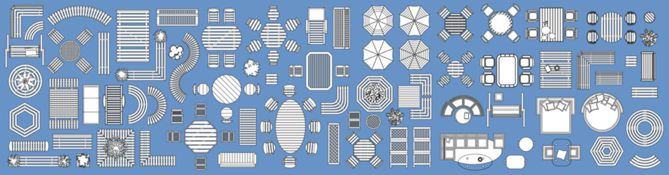 Top view of collection of outdoor and garden furniture in top view. Set includes different types of patio tables, chairs, benches, loungers, umbrellas and seating arrangements. 