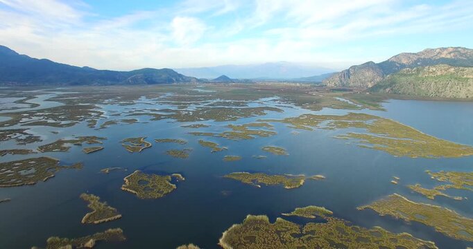 aerial drone footage of dalyan kaunas mushy place fethiye turkey 