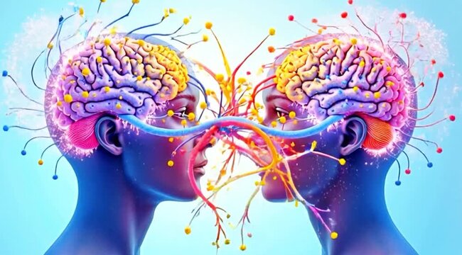 A video showcasing a creative illustration of two human brains connecting