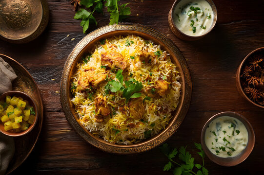 Homemade chicken biryani rice bowl with herbs and yogurt sauce on rustic wooden table. Traditional homemade chicken biryani. Authentic South Asian Food
