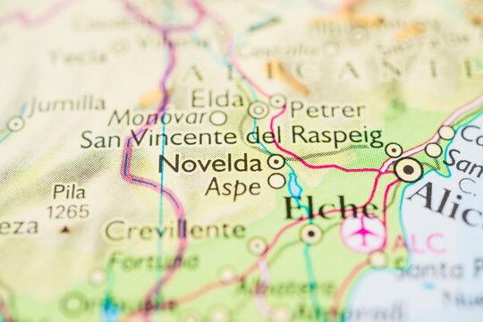 Close up of Novelda and Elche area on Alicante province map.