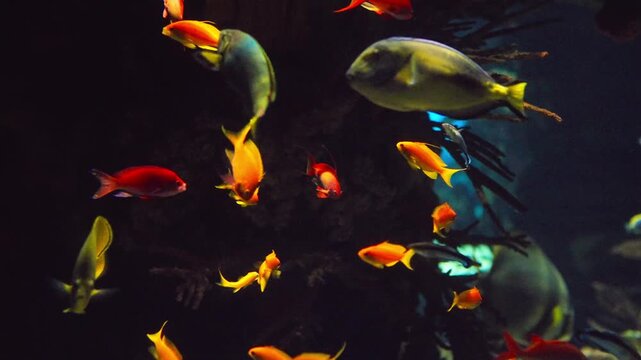 Colorful Tropical Fish Swimming in a Dark Aquarium Scene With Vibrant Reef Species