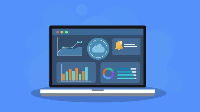 Animated laptop displaying data analytics dashboard with charts, graphs, profile panel, and notification bell icon. Concept of digital analytics, system alerts, business monitoring, and performance tr
